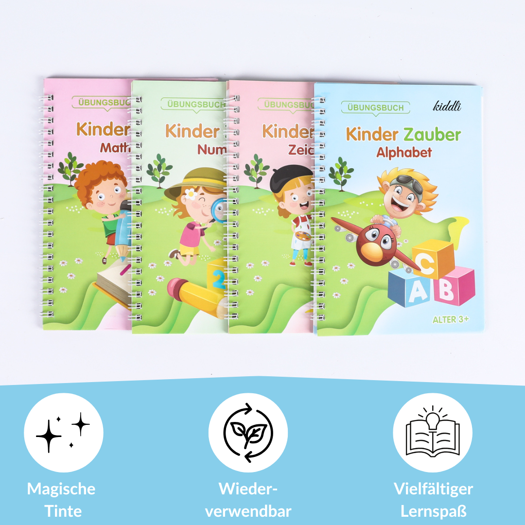 Magische Übungshefte für Kinder 4er-Set - Wiederverwendbar - inkl. Ergonomischer Stift und 5 Minen