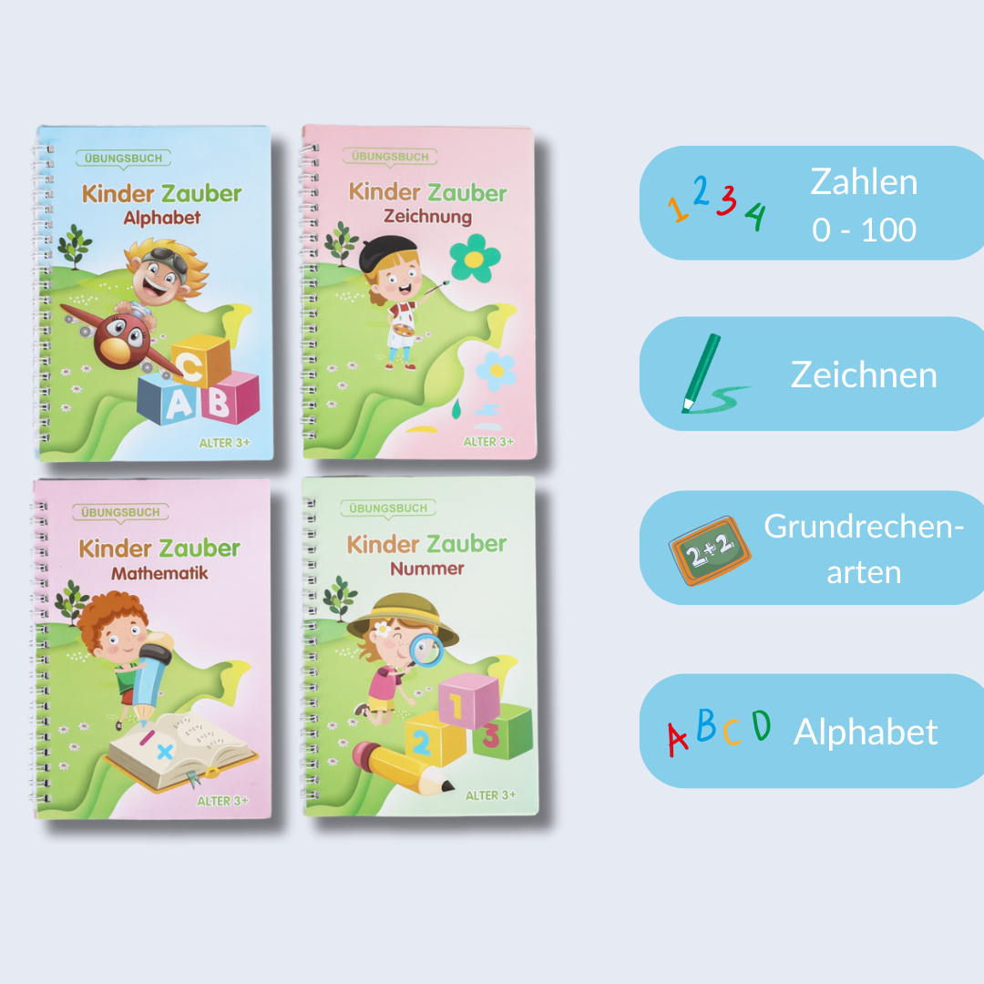 Magische Übungshefte für Kinder 4er-Set - Wiederverwendbar - inkl. Ergonomischer Stift und 5 Minen