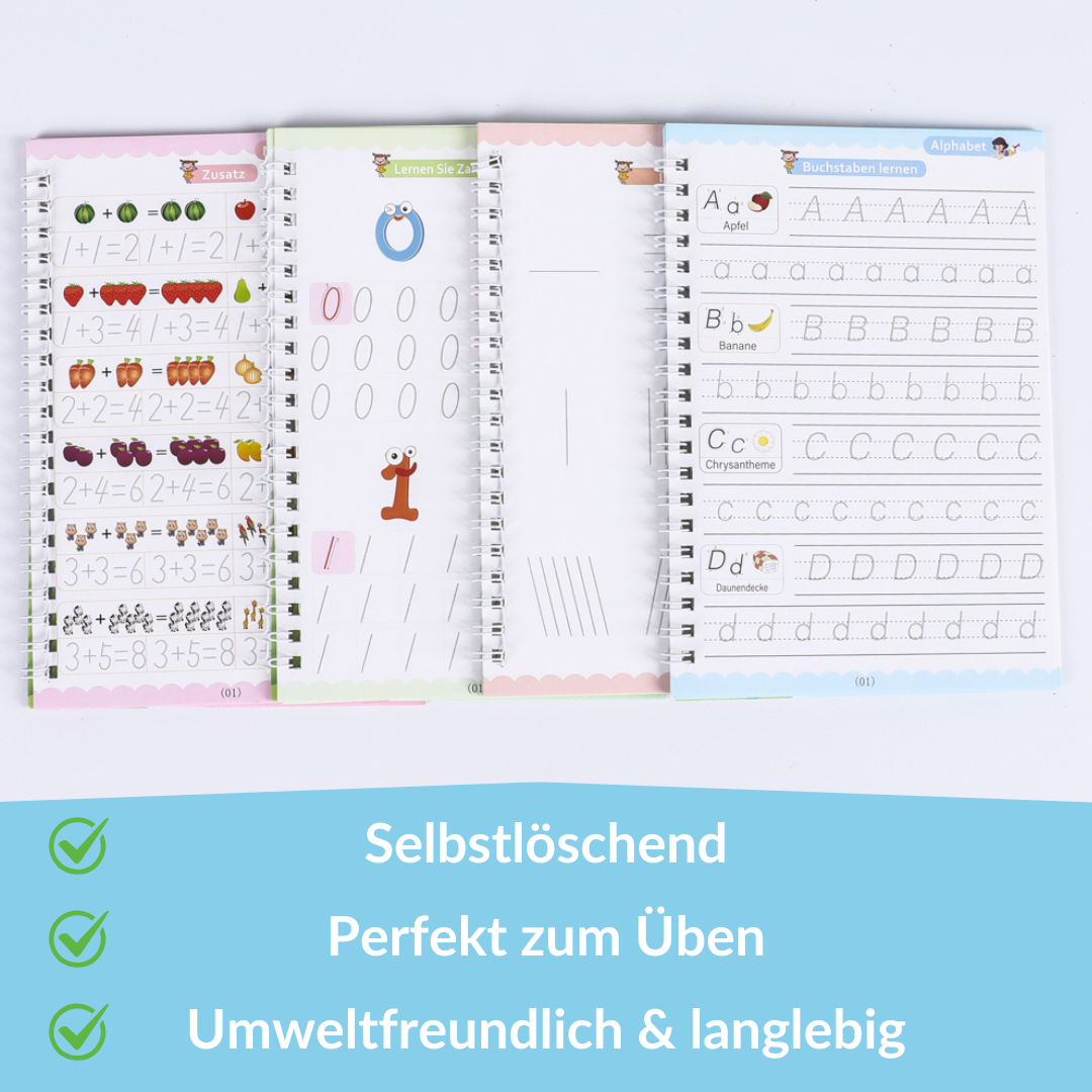 Magische Übungshefte für Kinder 4er-Set - Wiederverwendbar - inkl. Ergonomischer Stift und 5 Minen