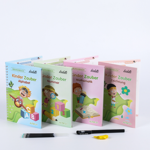 Magische Übungshefte für Kinder 4er-Set - Wiederverwendbar - inkl. Ergonomischer Stift und 5 Minen