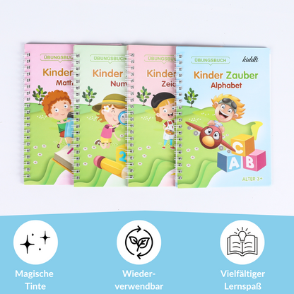 Magische Übungshefte für Kinder 4er-Set - Wiederverwendbar - inkl. Ergonomischer Stift und 5 Minen
