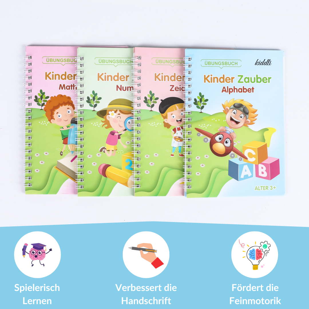 Magische Übungshefte für Kinder 4er-Set - Wiederverwendbar - inkl. Ergonomischer Stift und 5 Minen