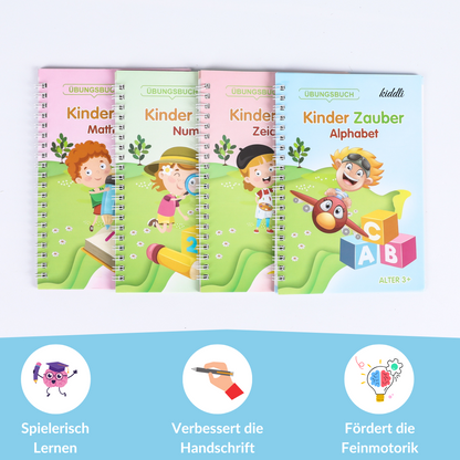 Magische Übungshefte für Kinder 4er-Set - Wiederverwendbar - inkl. Ergonomischer Stift und 5 Minen