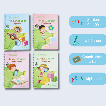 Magische Übungshefte für Kinder 4er-Set - Wiederverwendbar - inkl. Ergonomischer Stift und 5 Minen