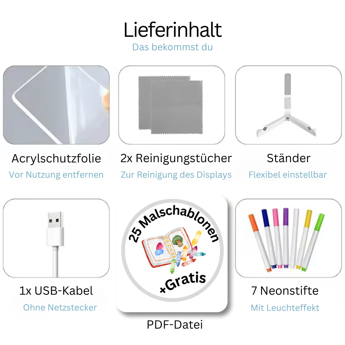 LED-Zeichentafel (inklusive 7 Leuchtstifte und 25 Malschablonen)