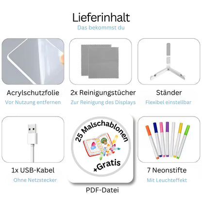 LED-Zeichentafel (inklusive 7 Leuchtstifte und 25 Malschablonen)