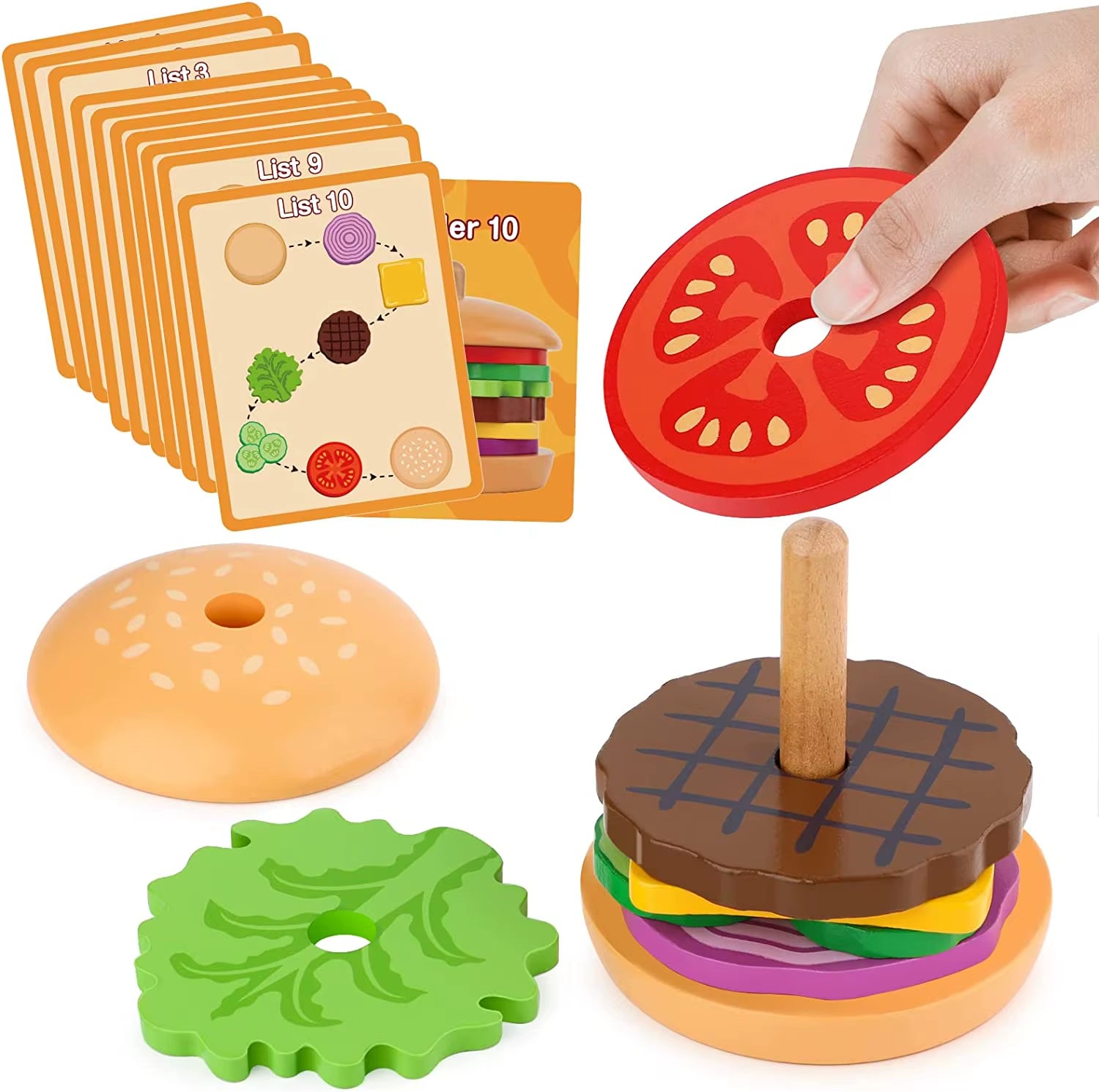 Montessori Holz-Burger-Stapelspielzeug – Lernspielzeug für Feinmotorik & Kreativität